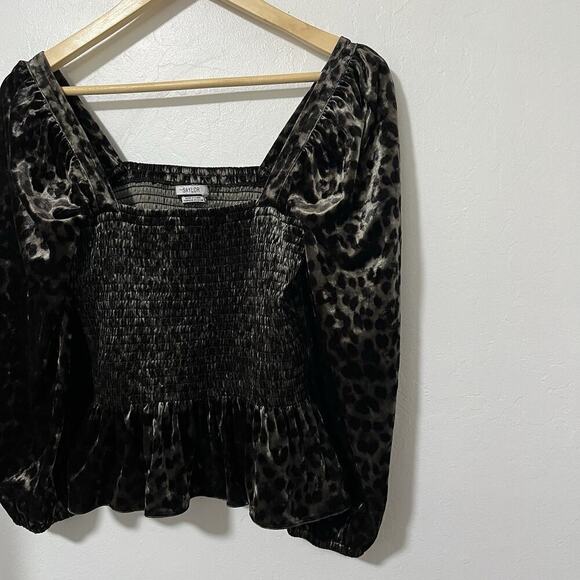 SAYLOR Velvet Animal Print Peplum Square Neck Top Size M Black Fairy Puff Sleeve - Picture 3 of 8